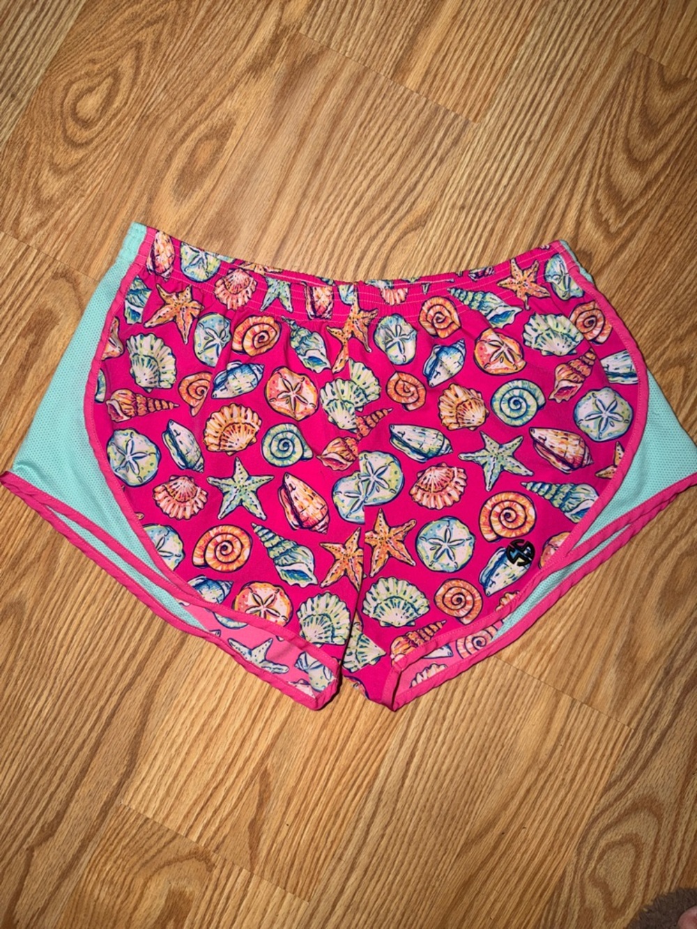 Simply Southern Hot Pink Shell-Print Athletic Shorts with Aqua Panels